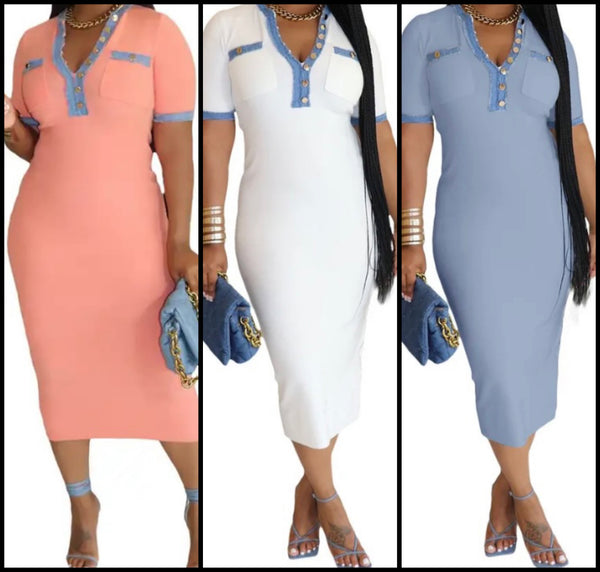 Women Sexy Fashion Short Sleeve Denim Patchwork Maxi Dress