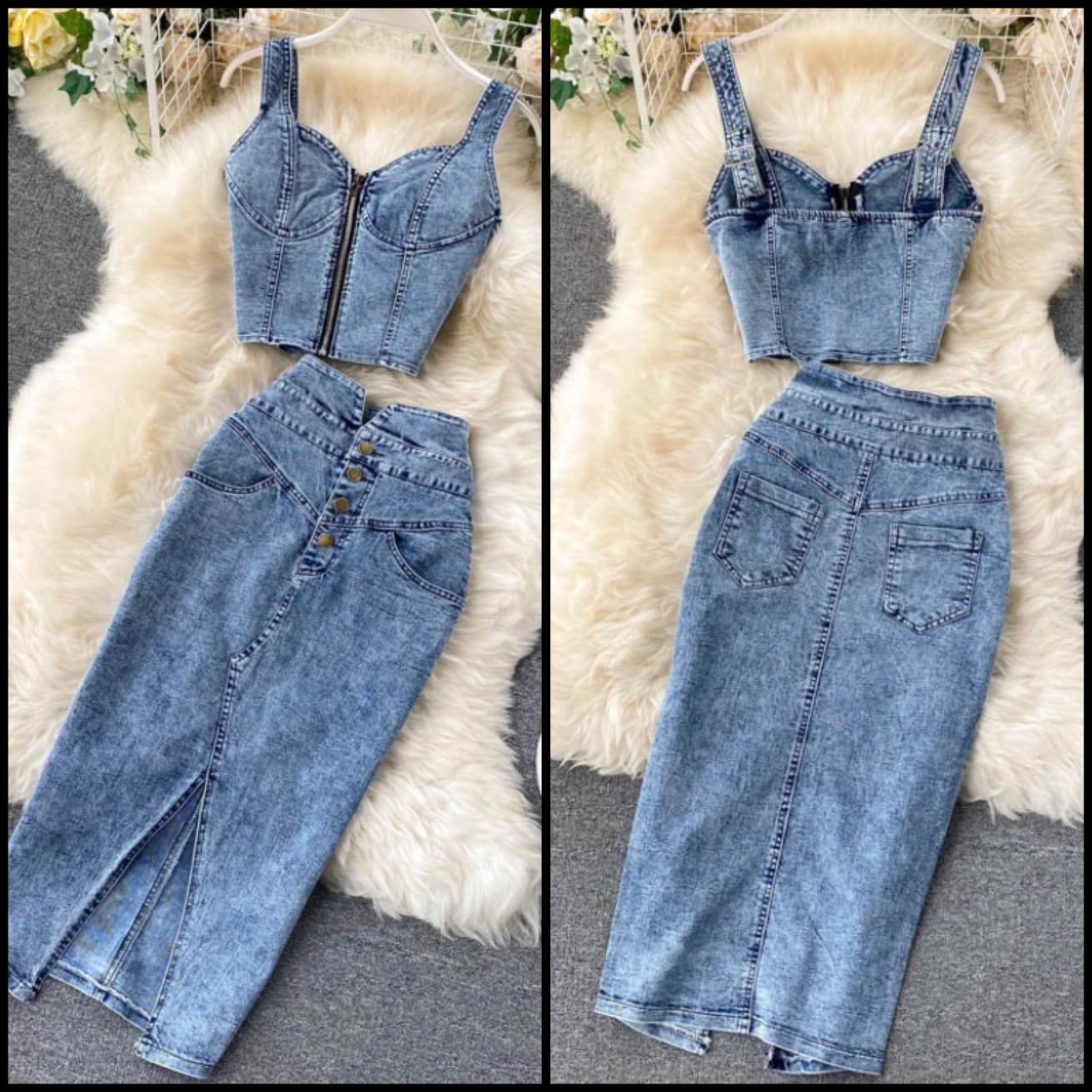 Women Sexy Fashion Zip Up Crop Two Piece Denim Maxi Skirt Set