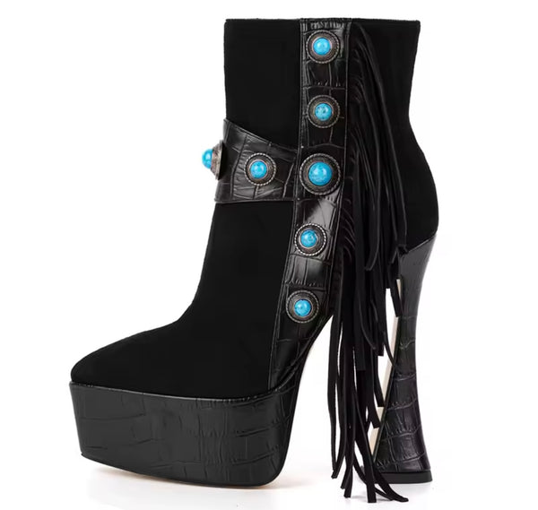 Women Fashion Suede Tassel Rivet Metal Platform Ankle Boots