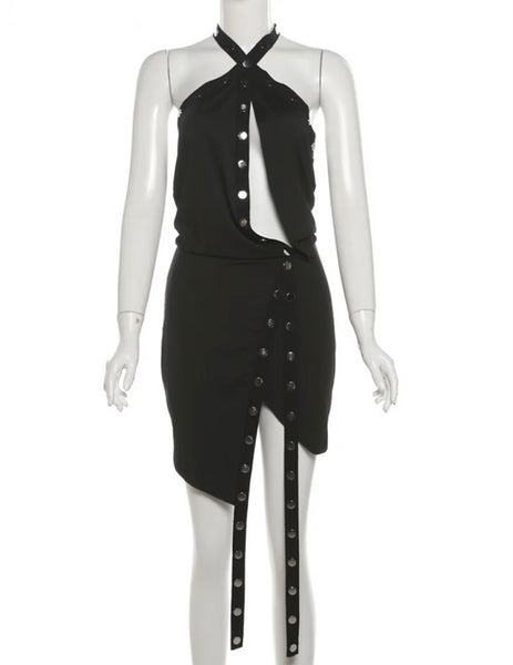 Women Sexy Halter Sleeveless Black Button Dress