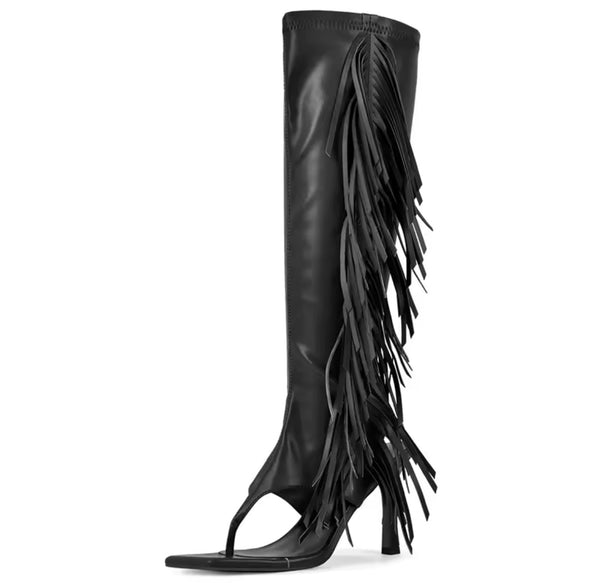 Women Fashion Open Toe Fringe Tassel Knee High Boots