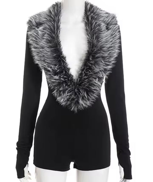 Women Fur Patchwork Black Full Sleeve V-Neck Romper