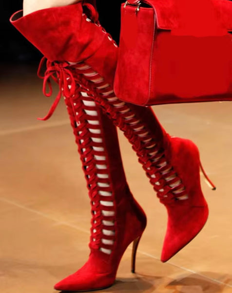 Women Color Fashion Pointed Toe Tie Up Suede Knee High Boots