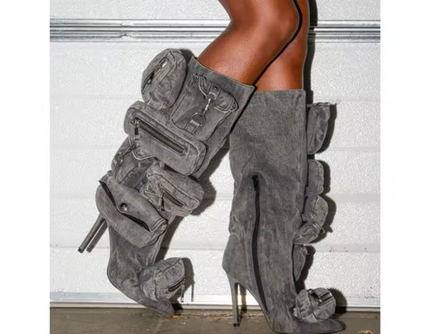 Women Fashion Pointed Toe Pocket Denim Knee High Boots