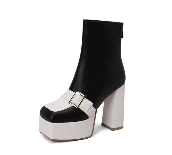 Women Color Fashion Square Toe Platform Buckled Ankle Boots