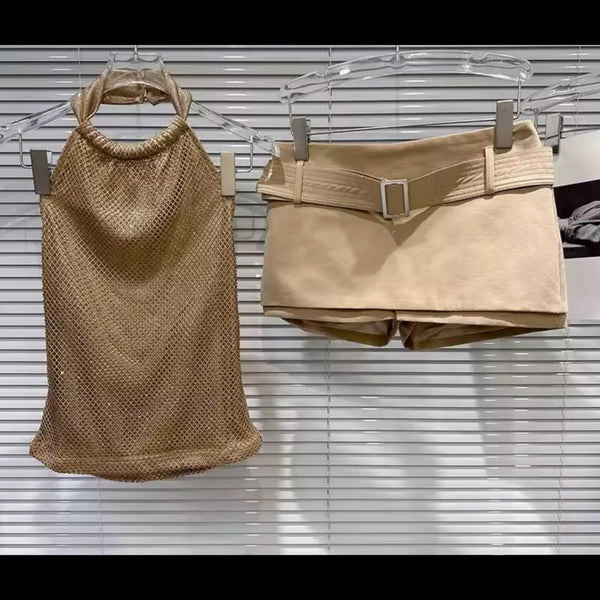 Women Sexy Sparkly Halter Sleeveless Two Piece Skirt Set