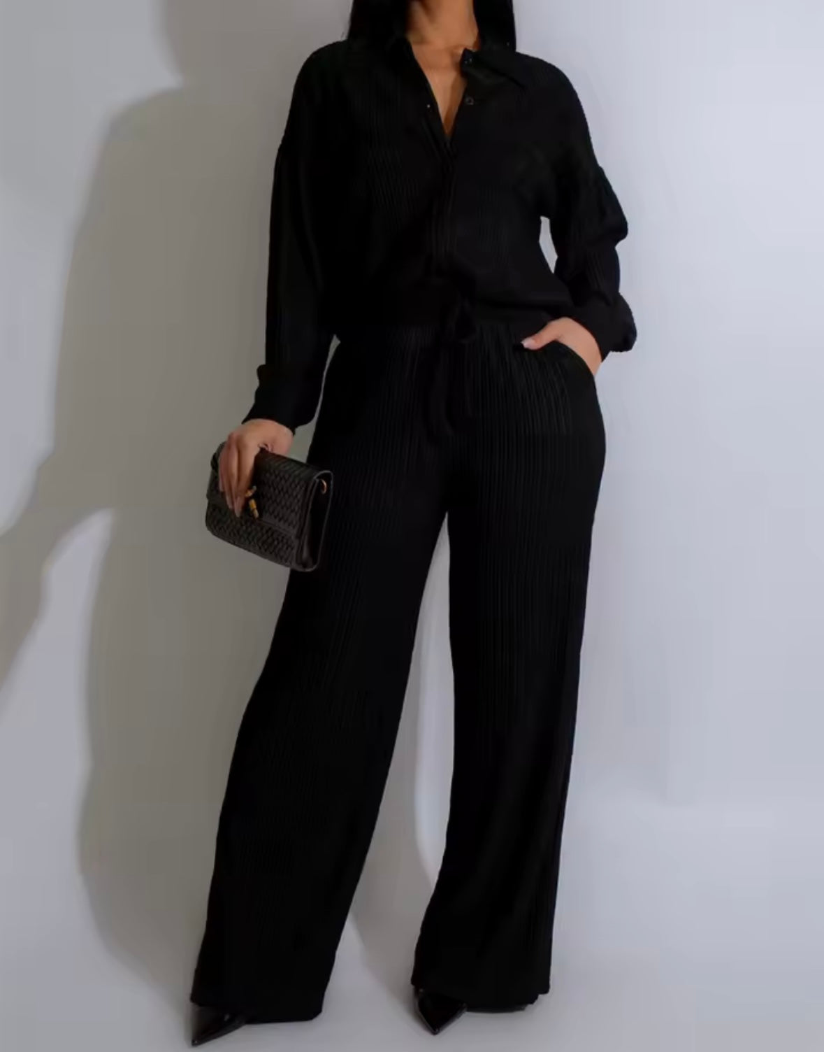 Women Button Up Ribbed Full Sleeve Two Piece Pant Set