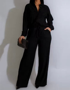 Women Button Up Ribbed Full Sleeve Two Piece Pant Set