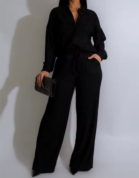 Women Button Up Ribbed Full Sleeve Two Piece Pant Set