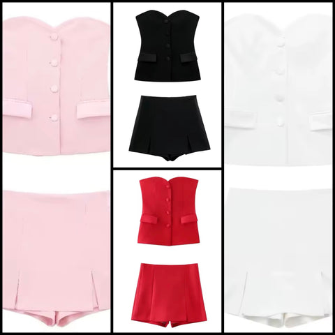 Women Sexy Strapless Button Up Two Piece Wrap Short Set