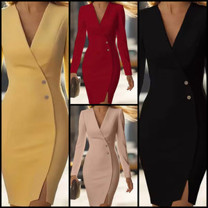 Women Color Button Full Sleeve Sexy Blazer Dress