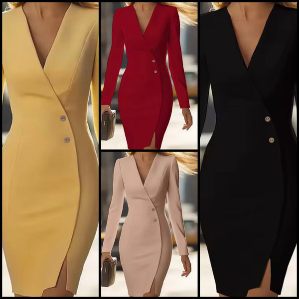 Women Color Button Full Sleeve Sexy Blazer Dress