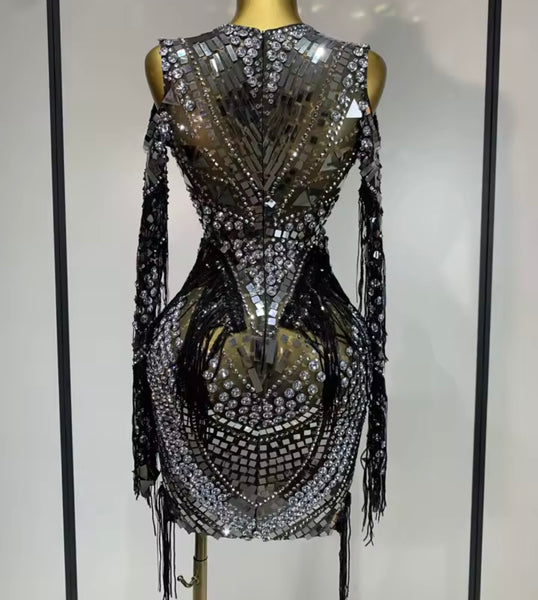 Women Sexy Beaded Rhinestone Mesh Full Sleeve Dress