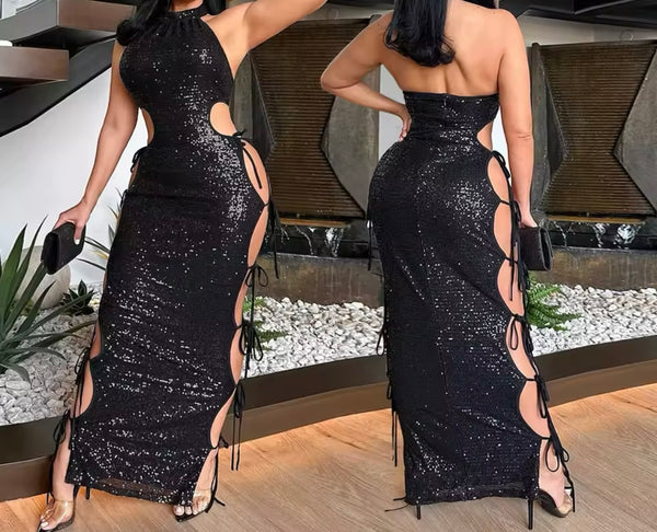 Women Sexy Sleeveless Sequins Color Cut Out Maxi Dress