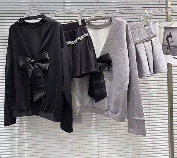 Women Rhinestone Bow Open Back Sweater Two Piece Skirt Set