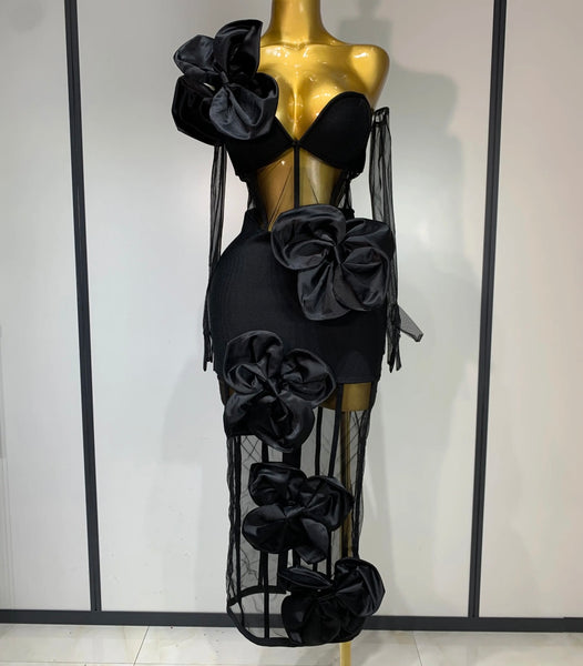 Women Sexy Black One Shoulder 3D Floral Mesh Maxi Dress