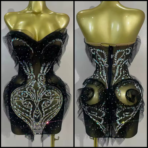Women Sexy Black Strapless Ruffle Rhinestone Mesh Dress