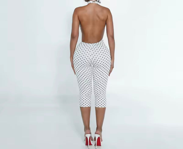 Women Halter Open Back Sexy Sleeveless Polka Dot Jumpsuit