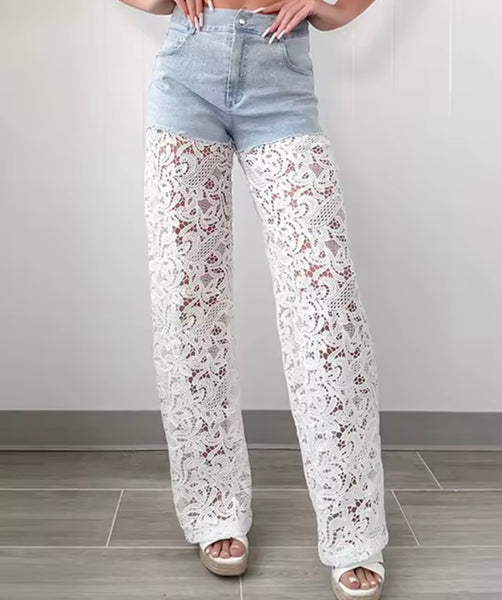Women Fashion Denim Lace Patchwork Two Piece Pant Set