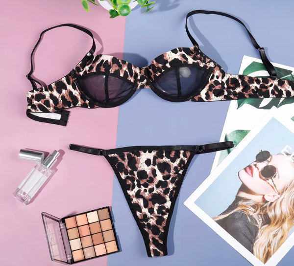 Women Sexy Leopard Mesh Lingerie Set