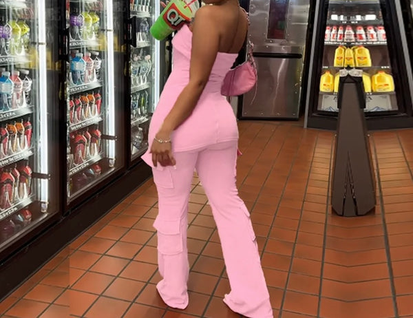 Women Pink Strapless Sexy Two Piece Pant Set