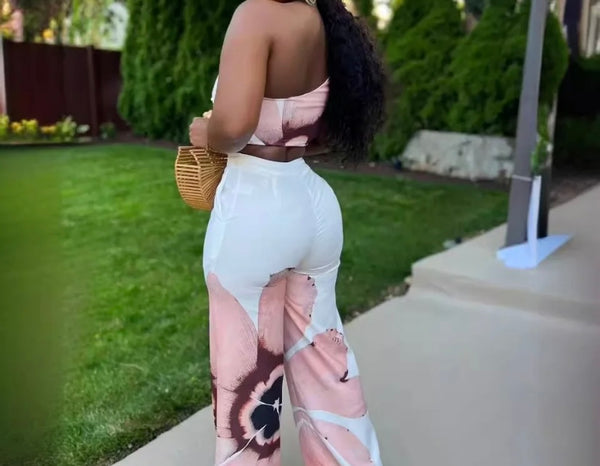 Women Sexy One Shoulder Sleeveless Crop Floral Two Piece Pant Set