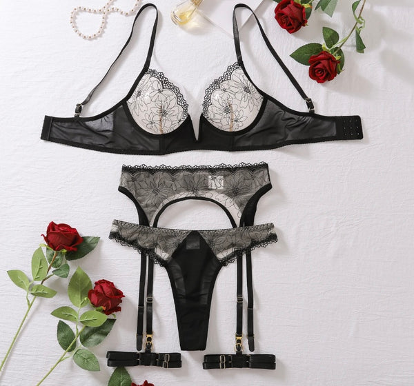 Women Sexy Black Floral Mesh Patchwork Lingerie Set