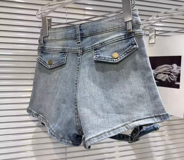 Women Fashion Beaded Bling Buckled Denim Shorts