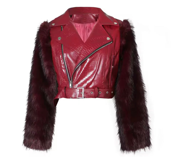 Women Fashion Faux Leather Fur Sleeve Buckled Jacket