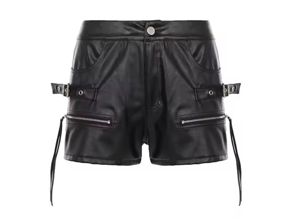 Women Fashion Black Zipper Tassel Faux Leather Shorts