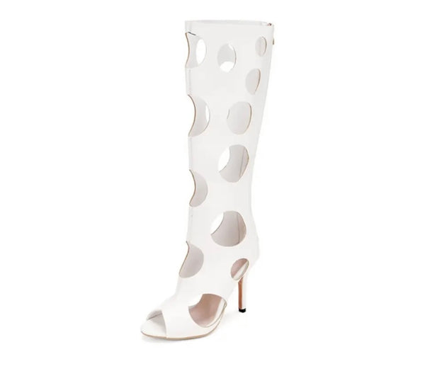 Women Fashion Circle Cut Out Faux Leather Knee High Boots