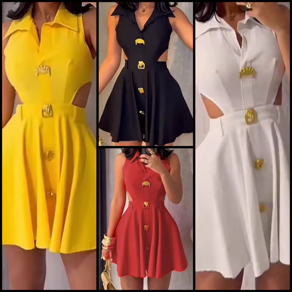Women Sexy Collar Sleeveless Gold Button Up Dress