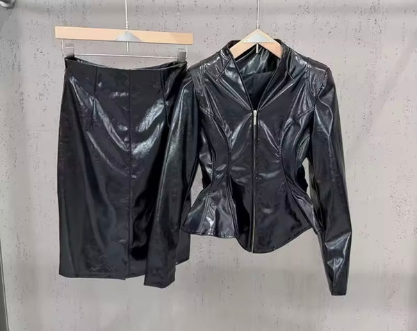 Women Fashion Faux Leather Jacket Two Piece Skirt Set