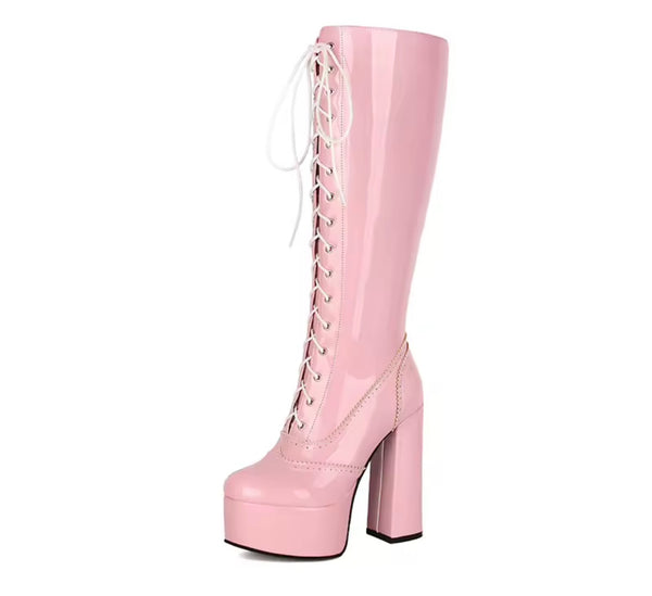 Women Fashion Lace Up Platform High Heel Knee Length Boots