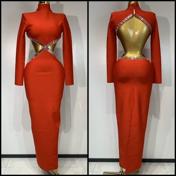 Women Sexy Red Crystal Turtleneck Open Back Maxi Dress