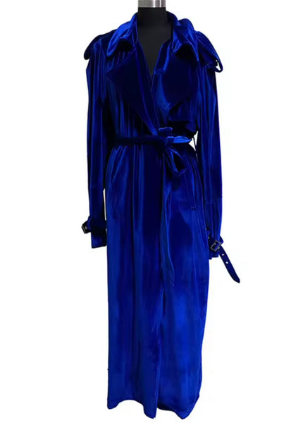 Women Blue Fashion Velvet Belted Trench Jacket
