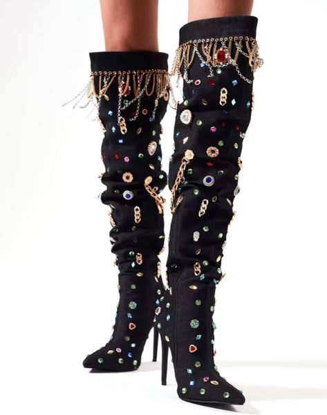Women Black Color Crystal Tassel Fashion Knee High Boots
