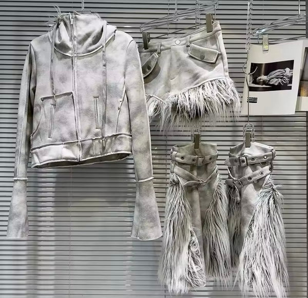 Women Fashion Fur Gray Tie Dye Hooded Three Piece Short Set