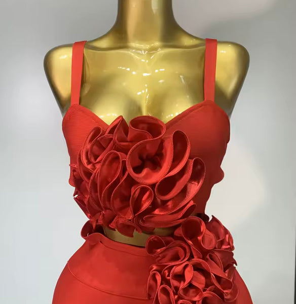 Women Red Sleeveless 3D Floral Cut Out Sexy Dress