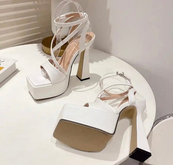 Women Fashion White Square Open Toe Platform Ankle Strap Sandals