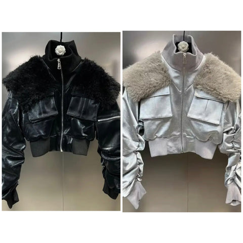 Women Fashion Faux Fur Patchwork Pocket Zipper Jacket