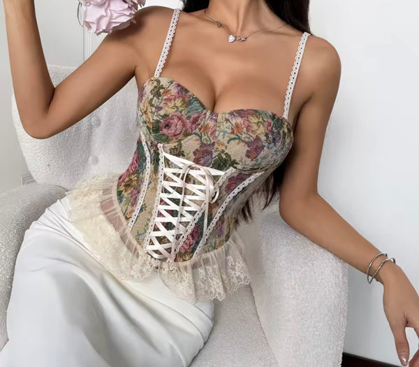 Women Sleeveless Floral Ruffled Corset Top