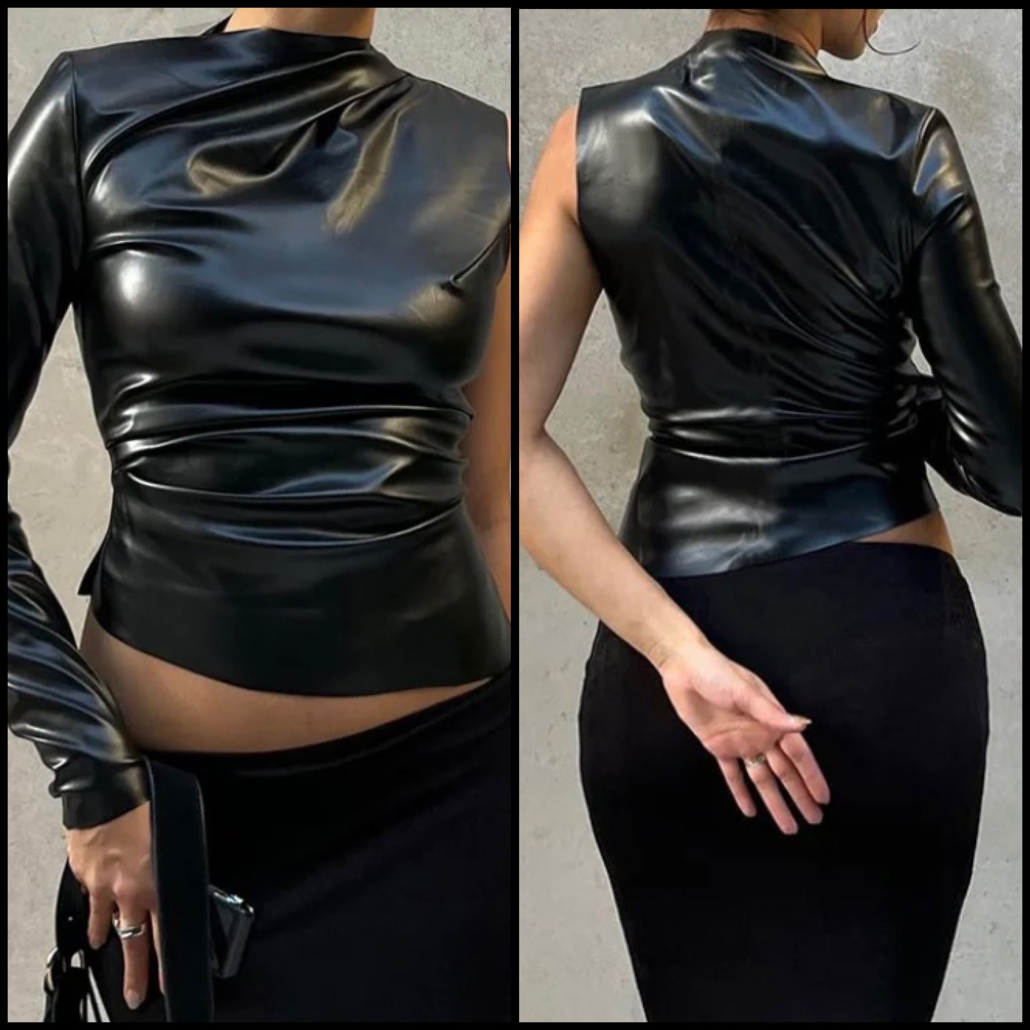 Women One Shoulder Full Sleeve Faux Leather Top