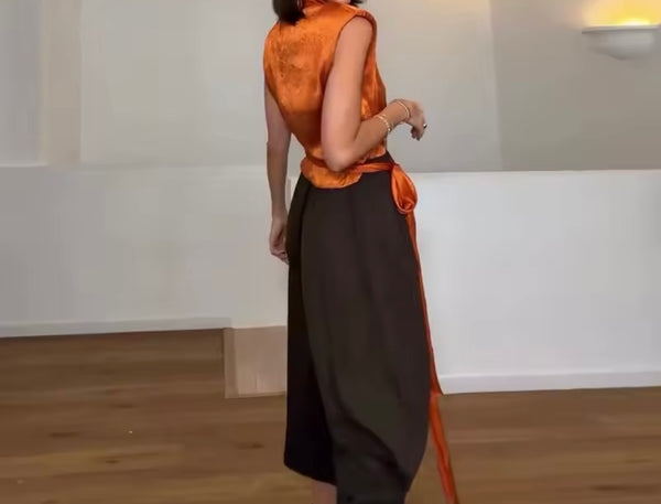 Women Sleeveless Satin Ruched Tie Up Top