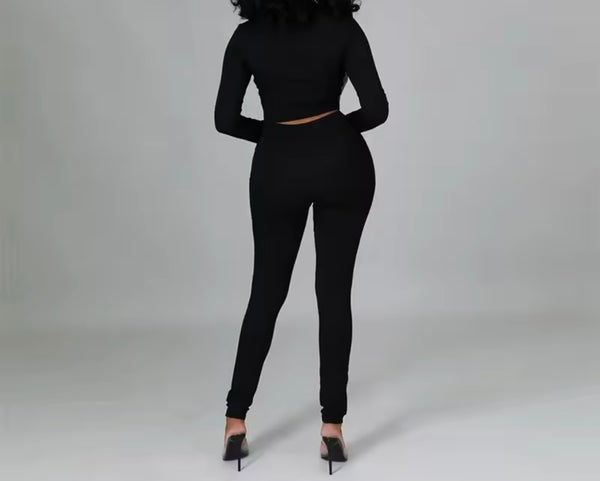 Women Sexy Zipper PU Patchwork Full Sleeve Two Piece Pant Set