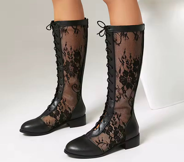 Women Fashion Lace Patchwork Tie Up Flat Boots