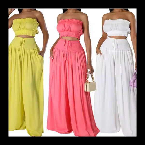 Women Ruffled Strapless Tube Top Two Piece Wide Leg Pant Set