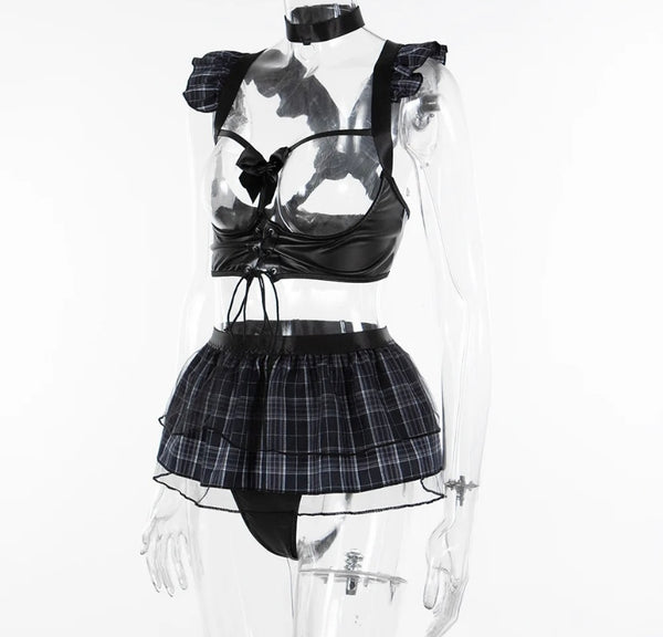 Women Sexy Plaid Ruffled Cut Out Lingerie Set