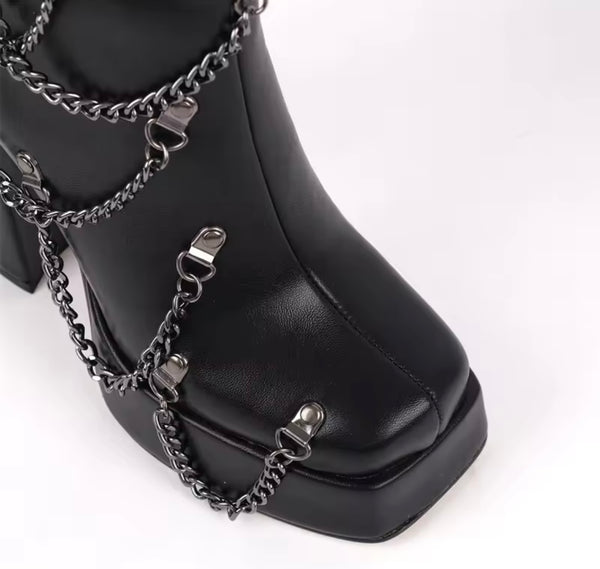 Women Fashion Black Chain Platform Knee High Boots