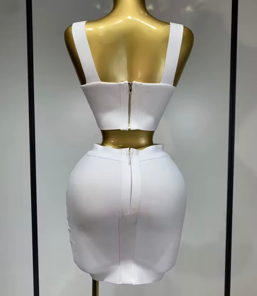 Women Sexy Color Sleeveless Bandage Two Piece Skirt Set